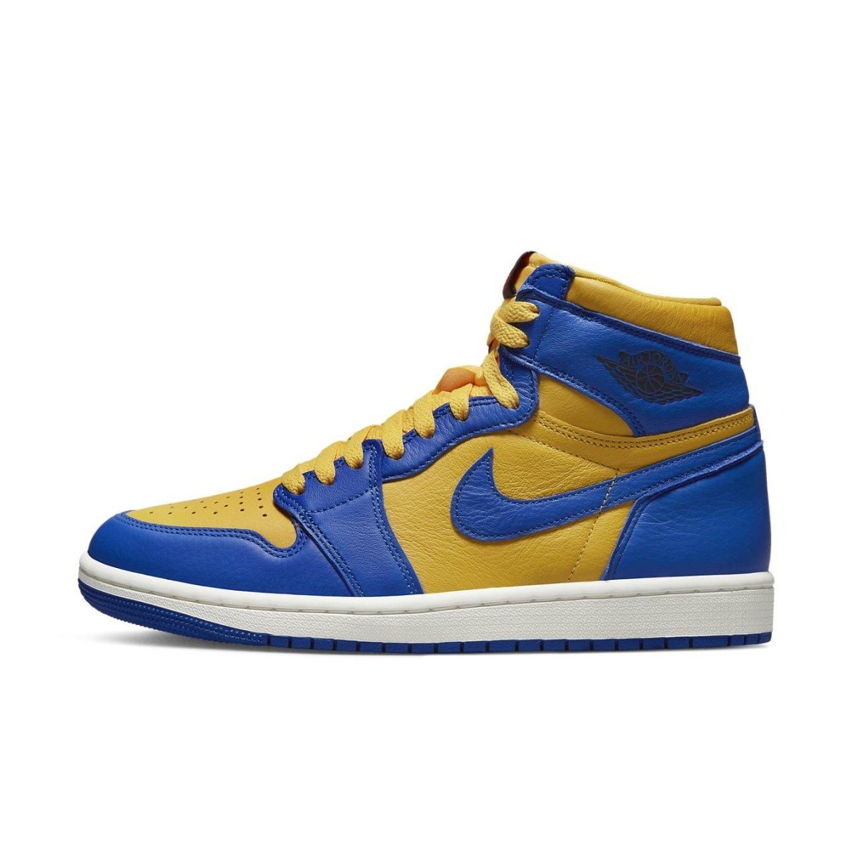 Air Jordan 1 Retro High OG Reverse Laney women's sneaker in blue and yellow colorway.