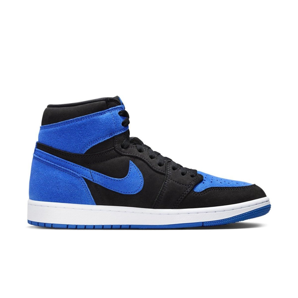 Nike Air Jordan 1 Retro High OG Royal Reimagined in black and royal blue suede, side view.
