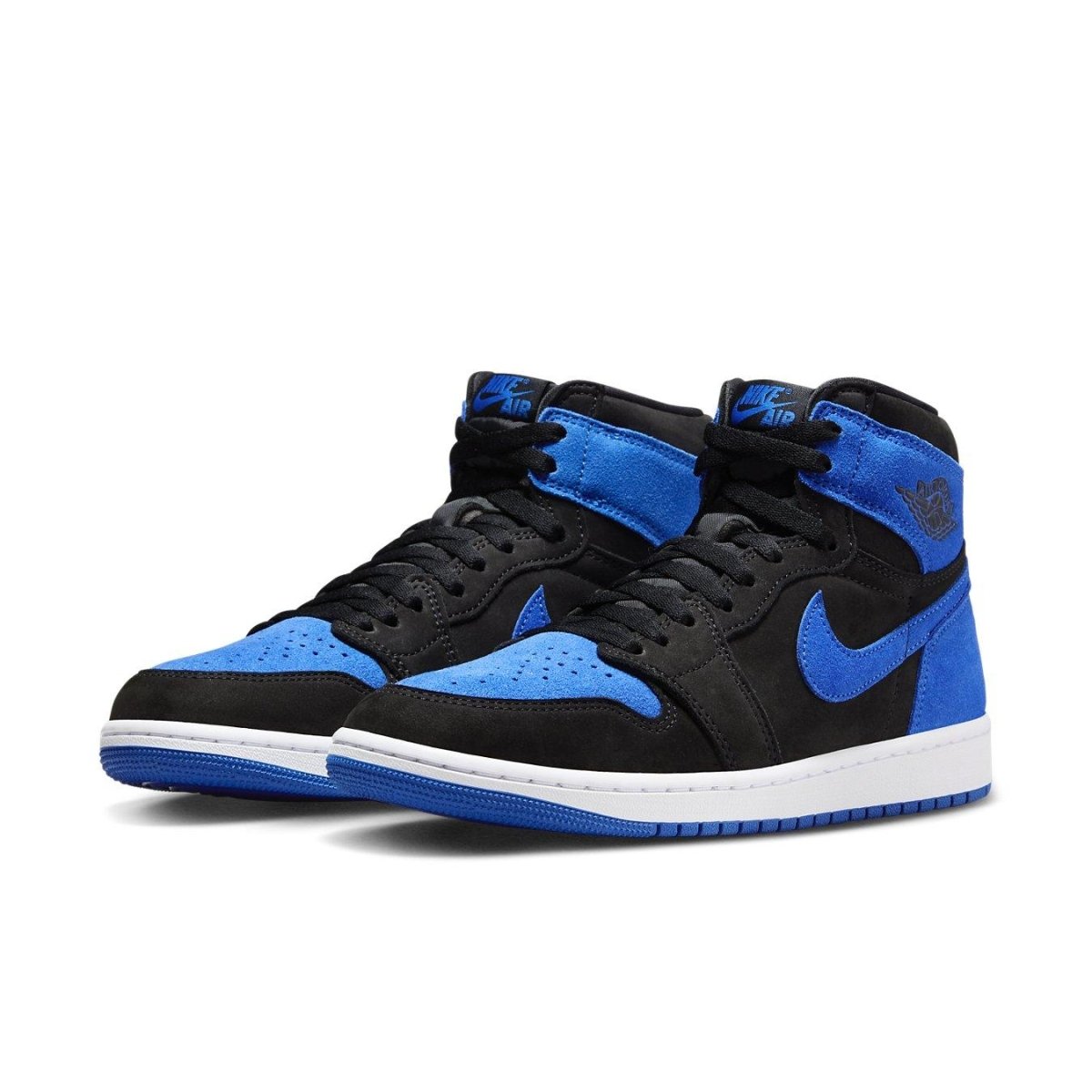 Air Jordan 1 Retro High OG Royal Reimagined sneakers in black and royal blue suede finish.