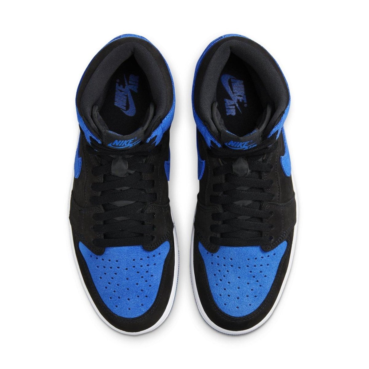 Air Jordan 1 Retro High OG Royal Reimagined featuring black and royal blue suede details.
