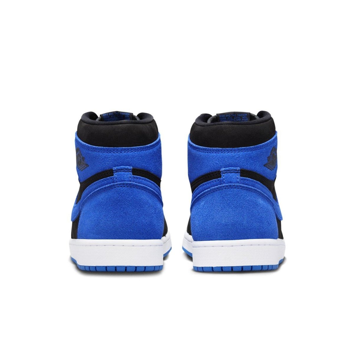 Back view of Air Jordan 1 Retro High OG 'Royal Reimagined' sneakers featuring blue and black suede.