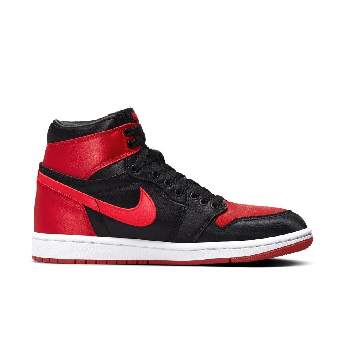 Jordan 1 Retro High OG Satin Bred women's sneaker in black and red satin with iconic Nike and Jordan branding.