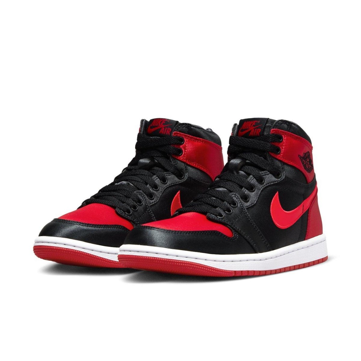 Jordan 1 Retro High OG Satin Bred for women, featuring black and red satin design, iconic Nike Air branding.
