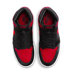 Air Jordan 1 Retro High OG Satin Bred Women's sneakers in black and red colorway, featuring satin upper and classic design.