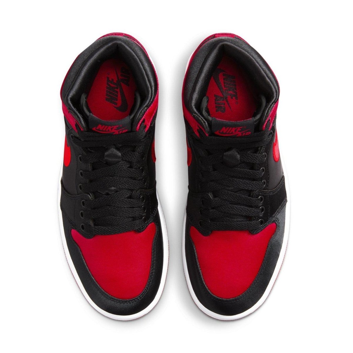 Air Jordan 1 Retro High OG Satin Bred Women's sneakers in black and red colorway, featuring satin upper and classic design.