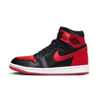 Jordan 1 Retro High OG Satin Bred for women in classic black and red colorway with satin finish.