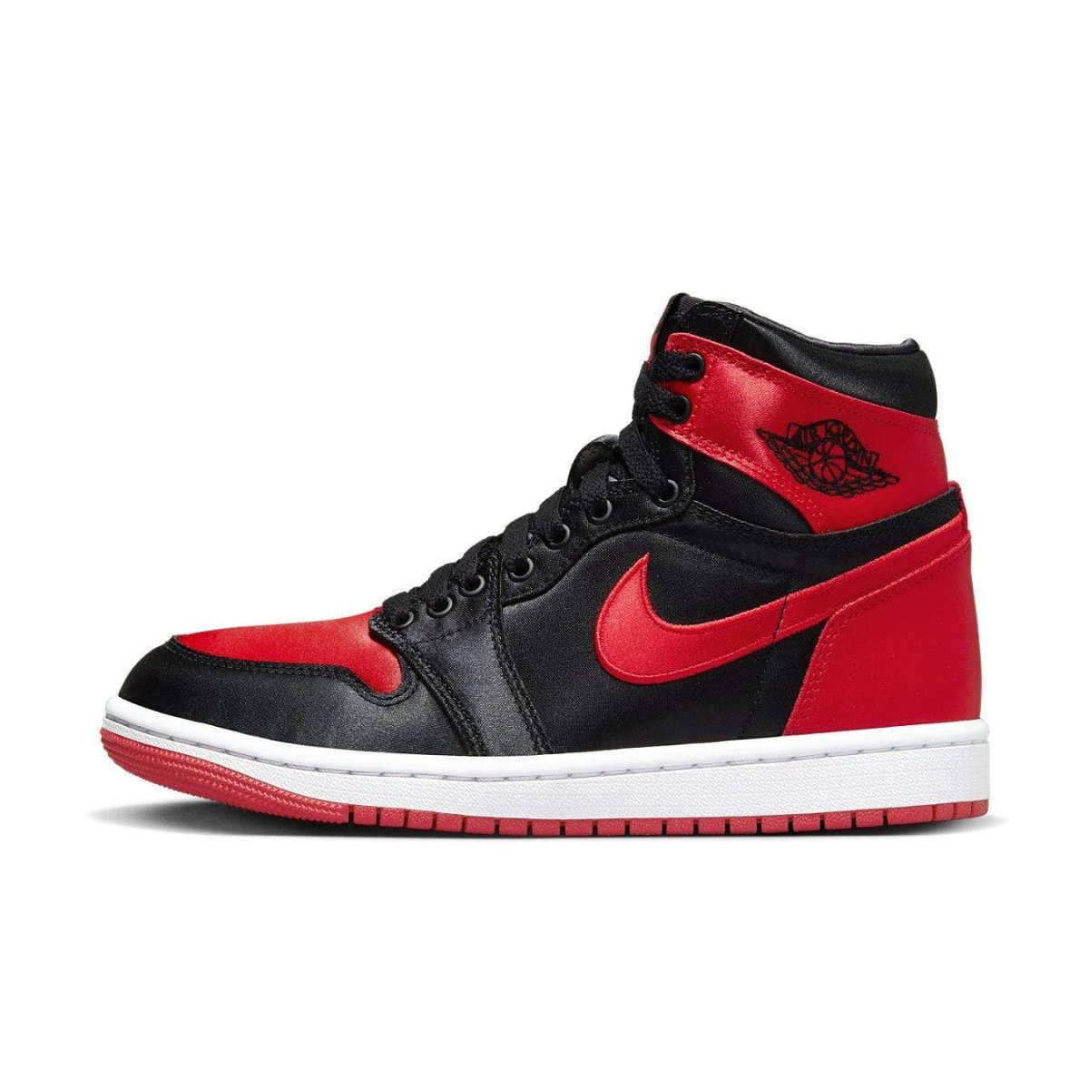 Jordan 1 Retro High OG Satin Bred for women in classic black and red colorway with satin finish.