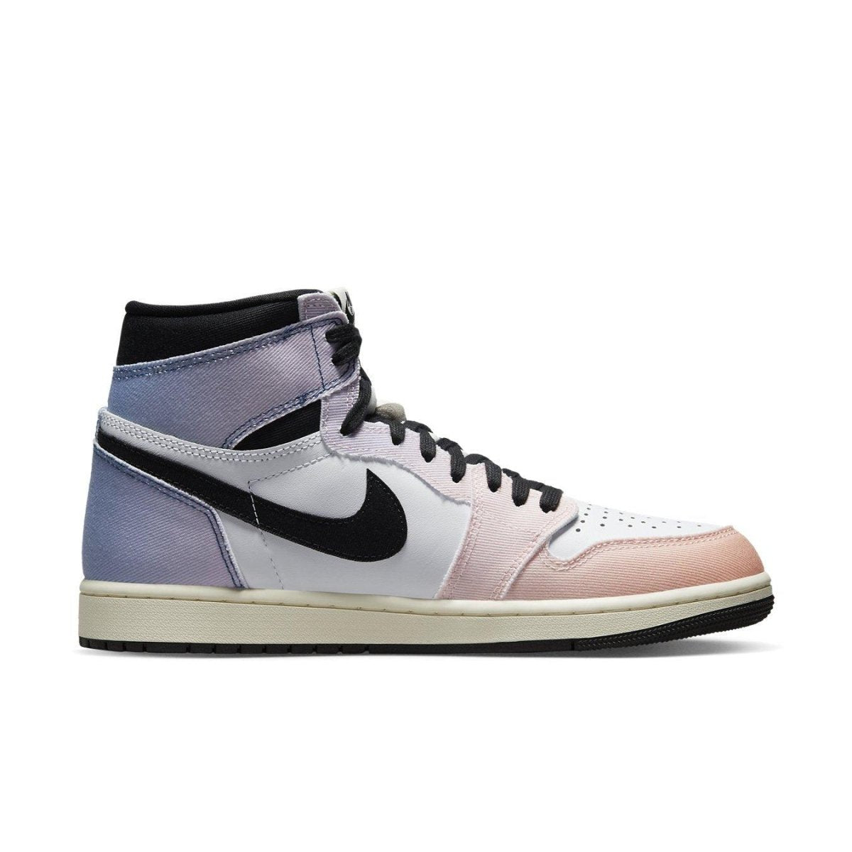 Jordan 1 Retro High OG Skyline sneaker in pink and lavender gradient colorway with black accents.
