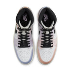 Top view of Air Jordan 1 Retro High OG Skyline sneakers, featuring pastel pink and lavender hues on a white base.