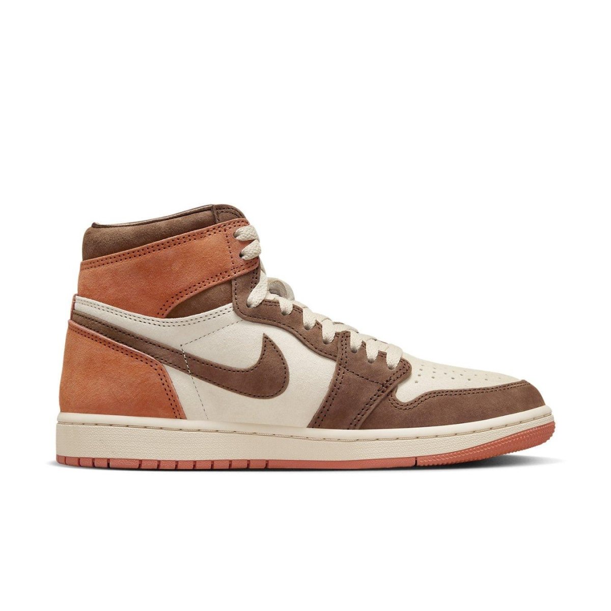 Jordan 1 Retro High OG SP Dusted Clay women's sneaker in tan and brown suede with burnt orange accents.