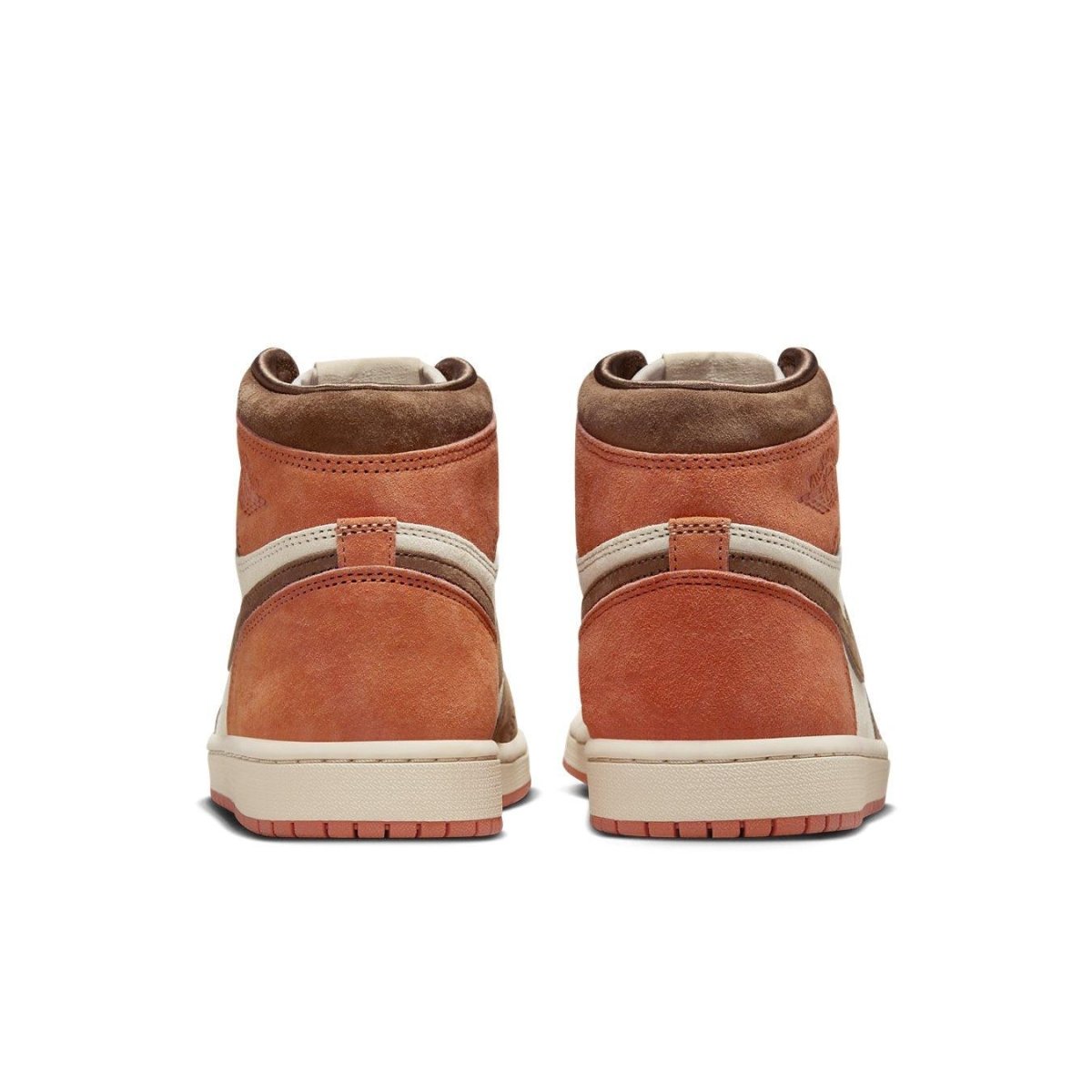 Back view of Women's Air Jordan 1 Retro High OG 'Dusted Clay' featuring tan and brown suede design.
