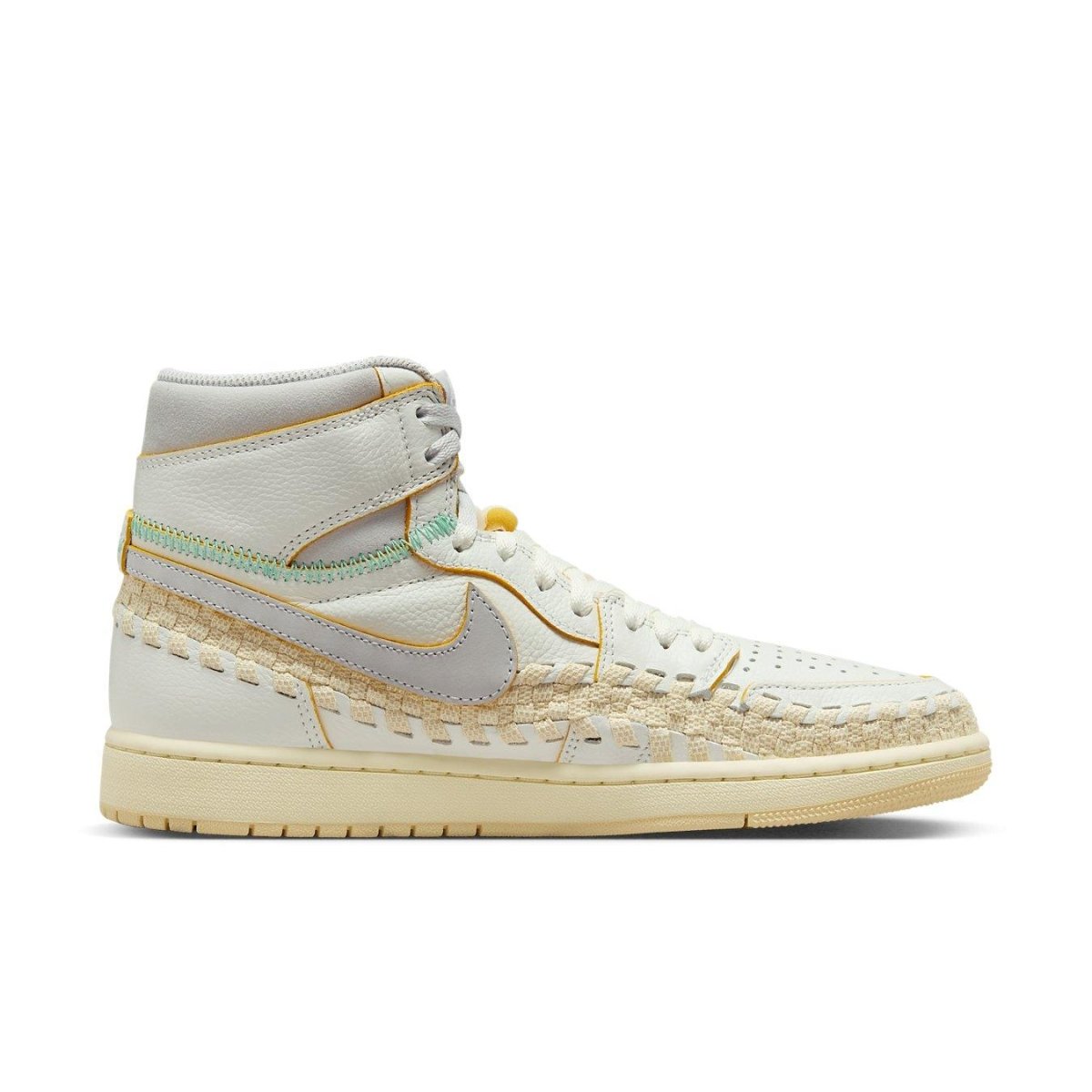 Air Jordan 1 Retro High OG SP Union Bephie's Beauty Supply in woven sail colorway with unique stitching design.