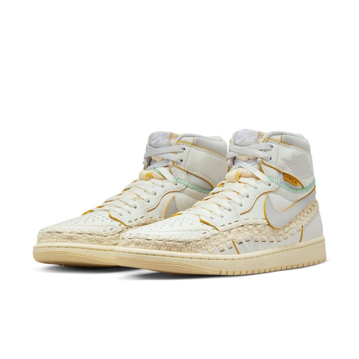 Jordan 1 Retro High OG SP Union Bephie's Beauty Supply Woven Sail sneakers with cream and green accents.