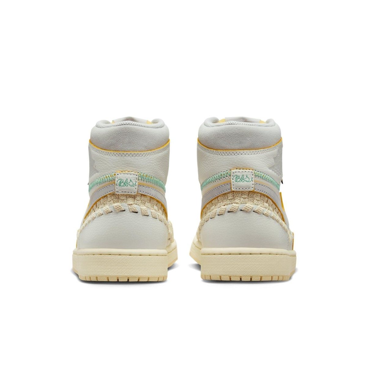Back view of Jordan 1 Retro High OG SP Union Bephie's Beauty Supply in Sail colorway with green stitching.