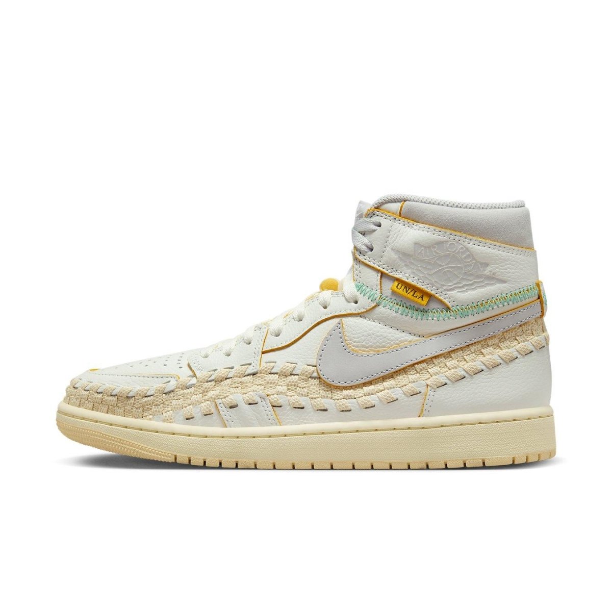 Jordan 1 Retro High OG SP Union Bephie's Beauty Supply in woven sail design with white leather and vibrant stitching.