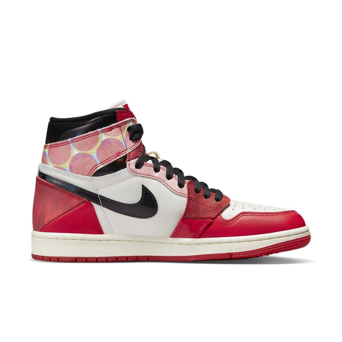 Jordan 1 Retro High OG Spider-Man Across the Spider-Verse with red and white leather and unique patchwork design.