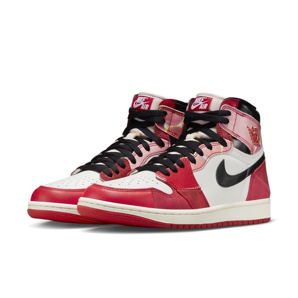 Air Jordan 1 Retro High OG Spider-Man Across the Spider-Verse sneakers with red and white leather and black details.
