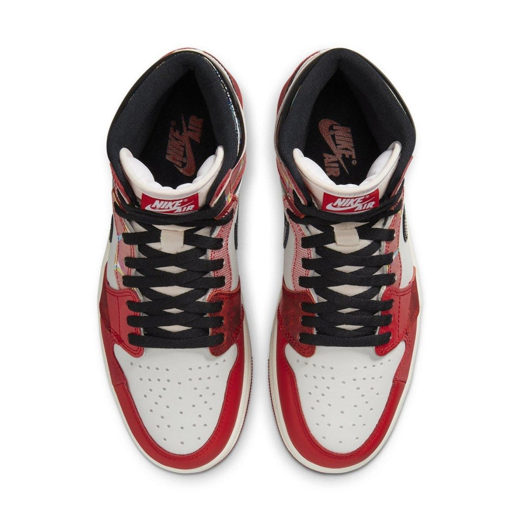 Top view of Jordan 1 Retro High OG Spider-Man sneakers featuring red and white colorway.