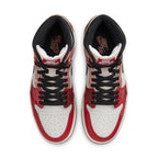 Top view of Jordan 1 Retro High OG Spider-Man sneakers featuring red and white colorway.
