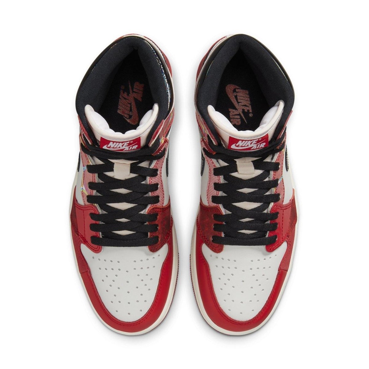 Top view of Jordan 1 Retro High OG Spider-Man sneakers featuring red and white colorway.