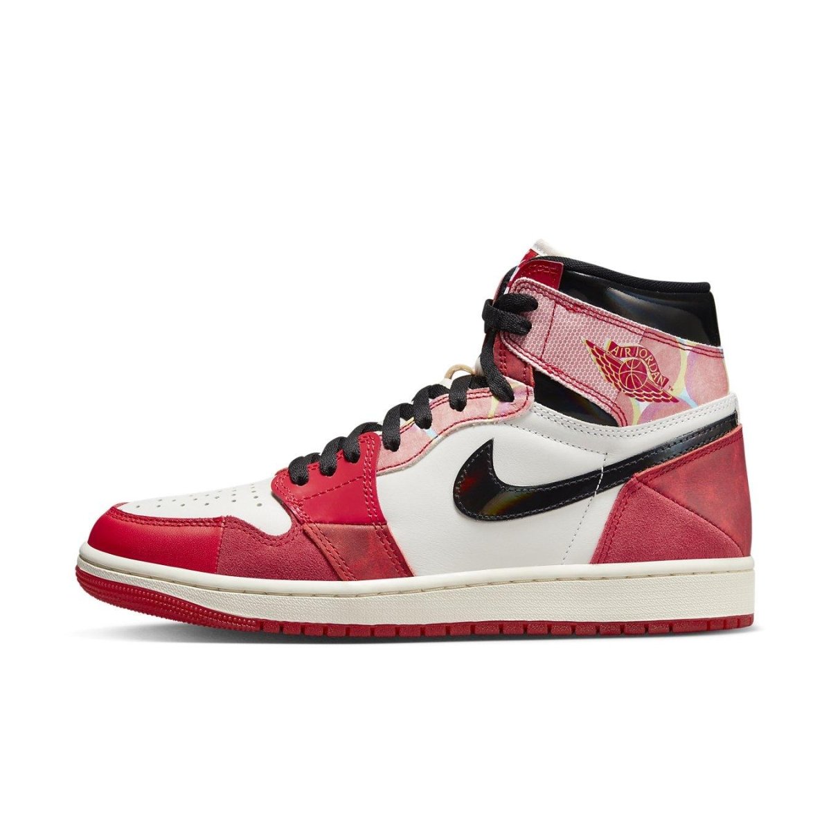 Jordan 1 Retro High OG Spider-Man Across the Spider-Verse, featuring red and white leather design with black accents.