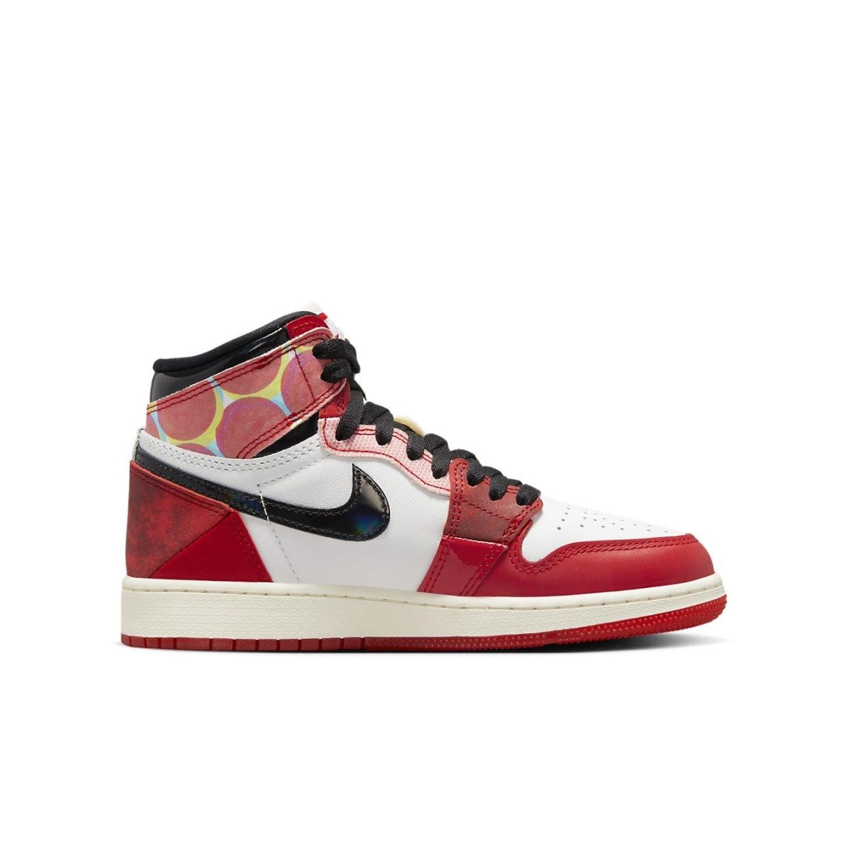 Air Jordan 1 Retro High OG Spider-Man Across the Spider-Verse in red, white, and black colorway, stylish design.