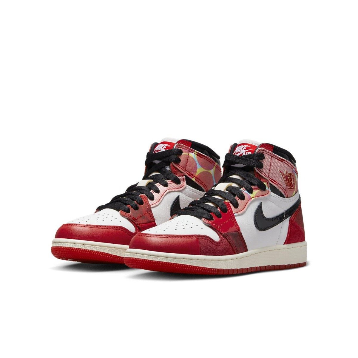 Air Jordan 1 Retro High OG Spider-Man Across the Spider-Verse shoes in red, white, and black color scheme.