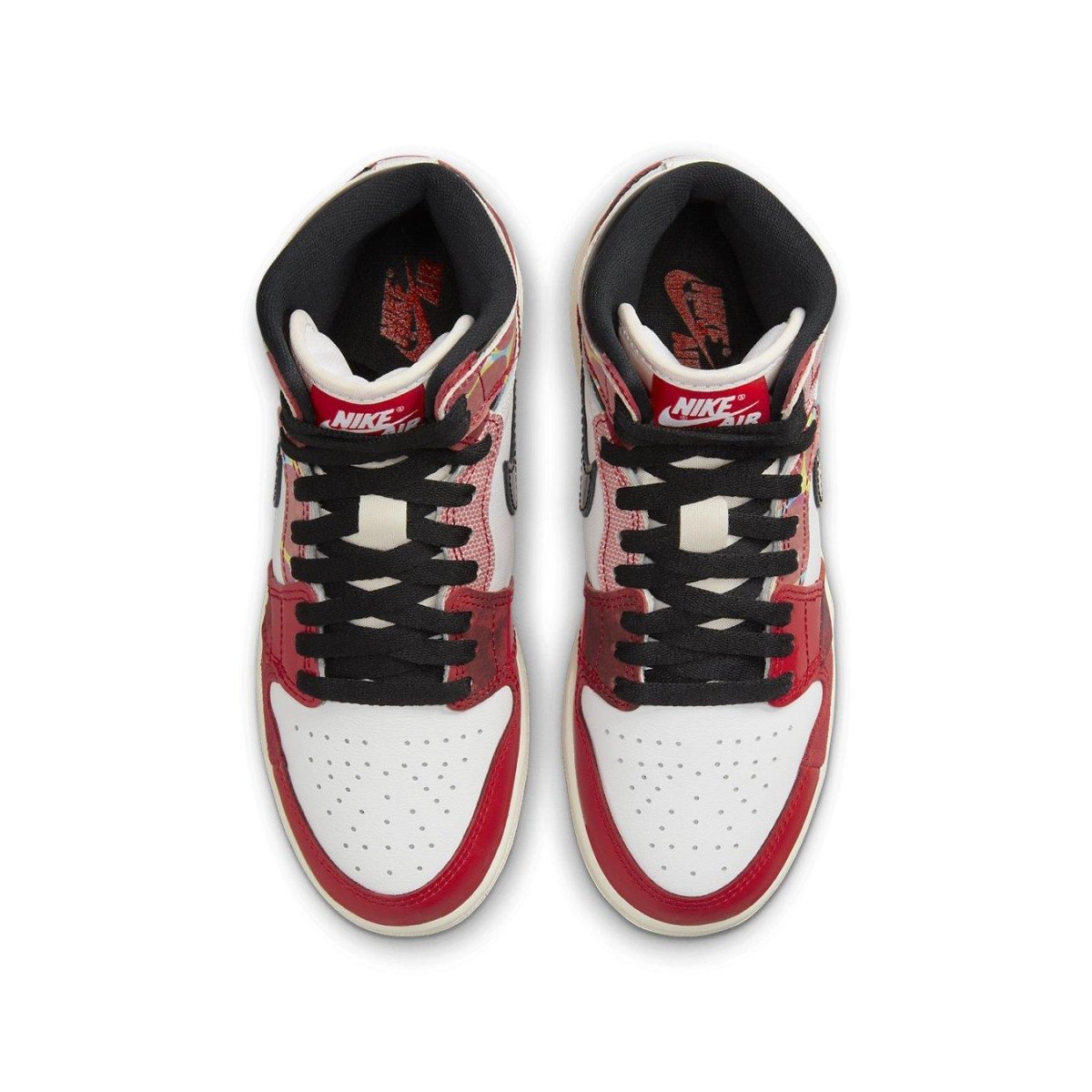 Top view of Nike Air Jordan 1 Retro High OG Spider-Man shoes featuring red, white, and black colorway.