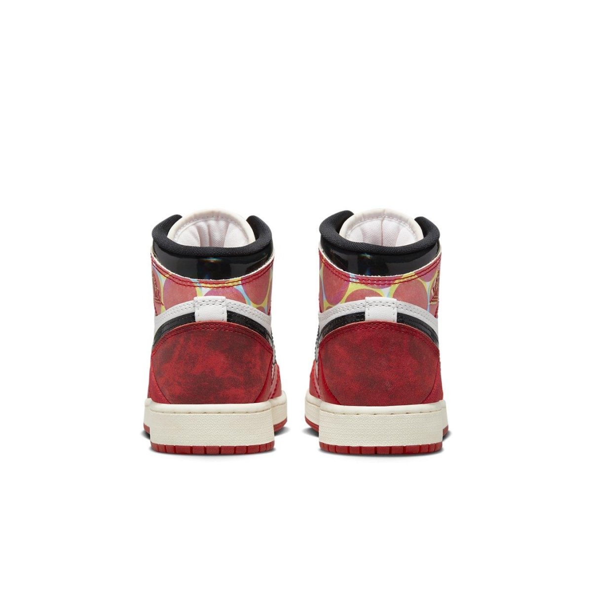 Back view of Air Jordan 1 Retro High OG Spider-Man Across the Spider-Verse shoes in red and white.