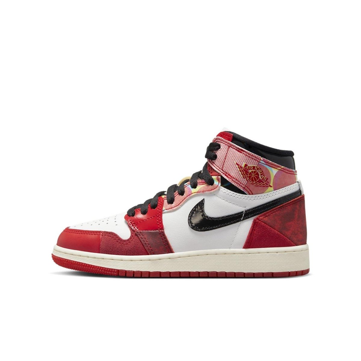 Jordan 1 Retro High OG Spider-Man shoes in red, white, and black, inspired by Miles Morales from Spider-Verse.
