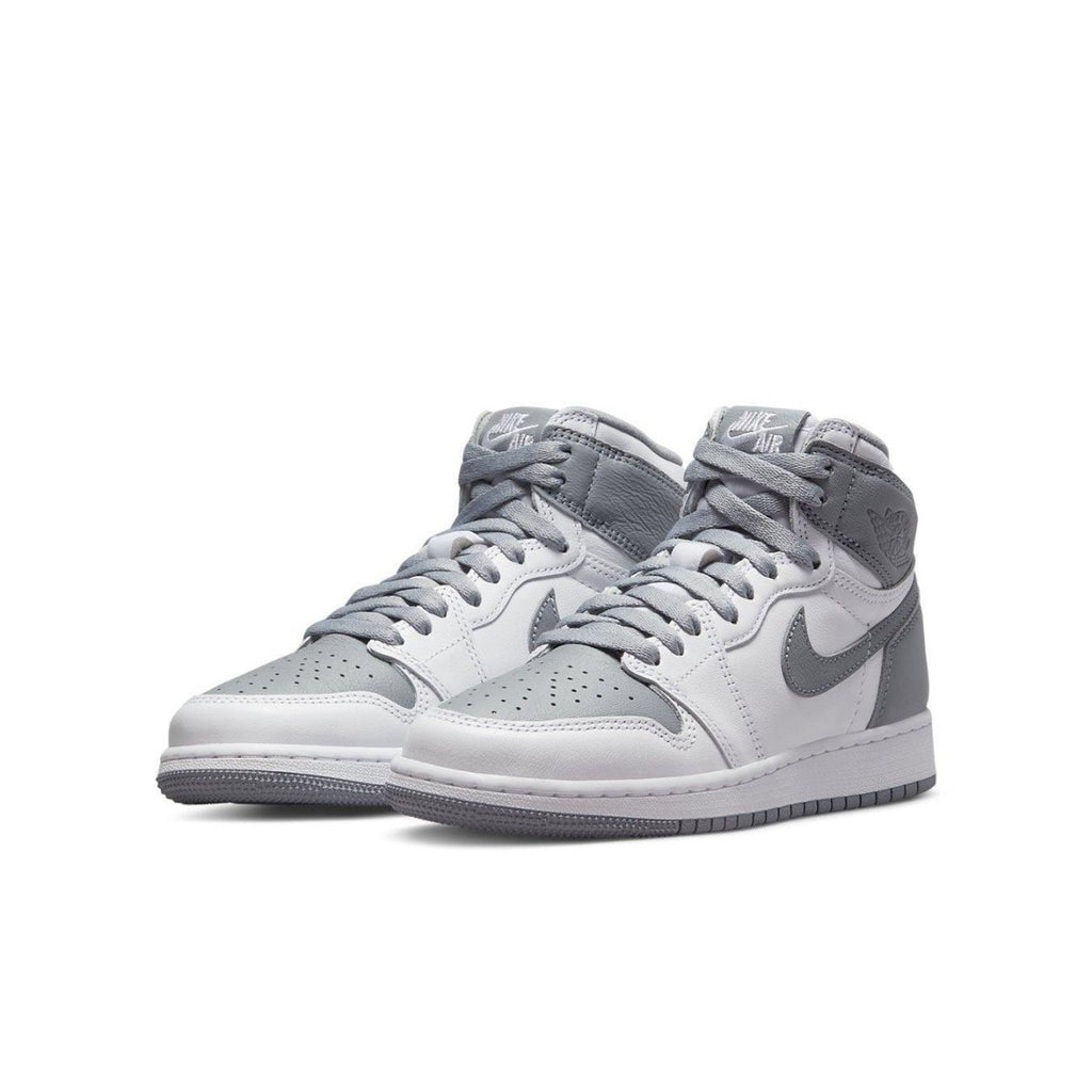 Air Jordan 1 Retro High OG Stealth GS shoes in white and grey colorway for kids.