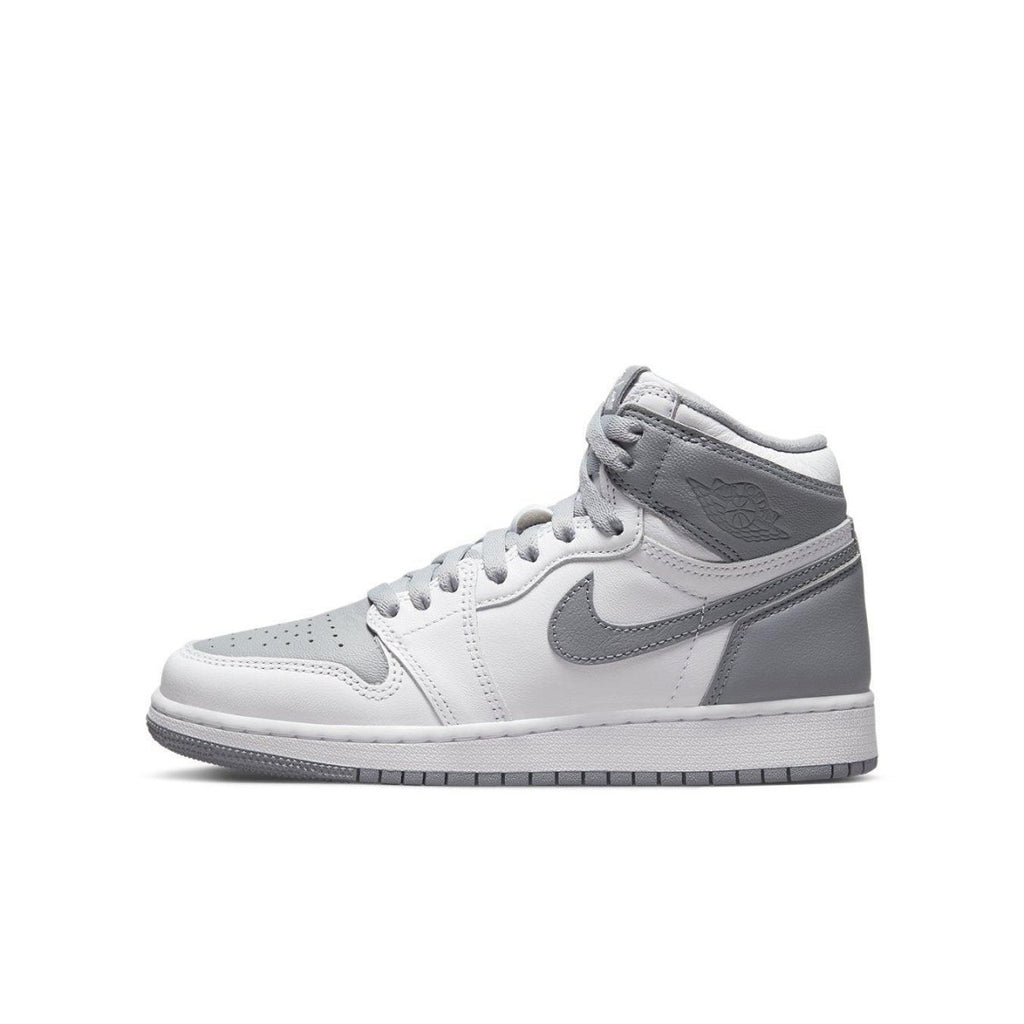 Air Jordan 1 Retro High OG Stealth GS sneaker in white and gray colorway for kids.