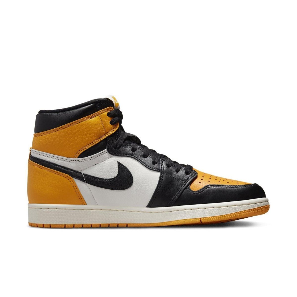 Nike Air Jordan 1 Retro High OG Taxi sneakers in black, yellow, and white colorway, side view.