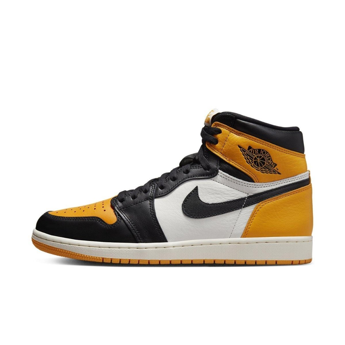 Air Jordan 1 Retro High OG Taxi sneaker featuring yellow, black, and white leather design with retro Wings logo.