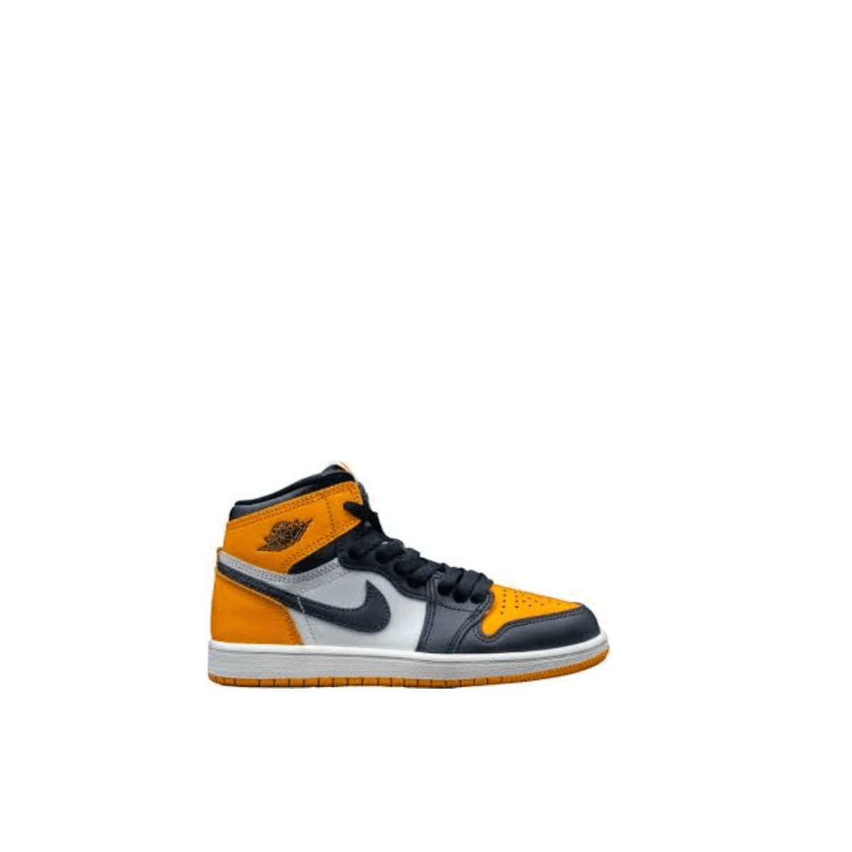 Air Jordan 1 Retro High OG Taxi with yellow toe, black leather accents, and premium white base.