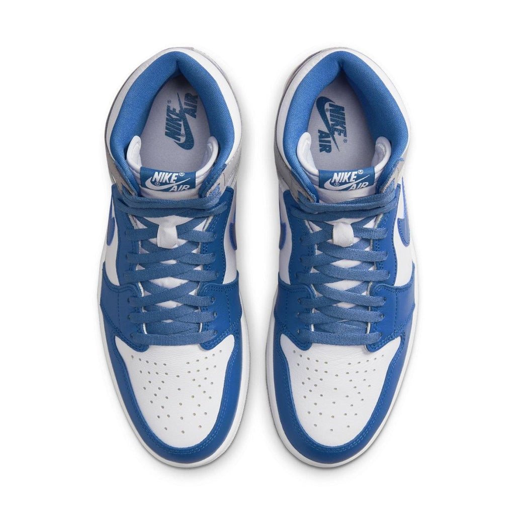 Top view of Air Jordan 1 Retro High OG True Blue sneakers featuring a white and blue leather design.
