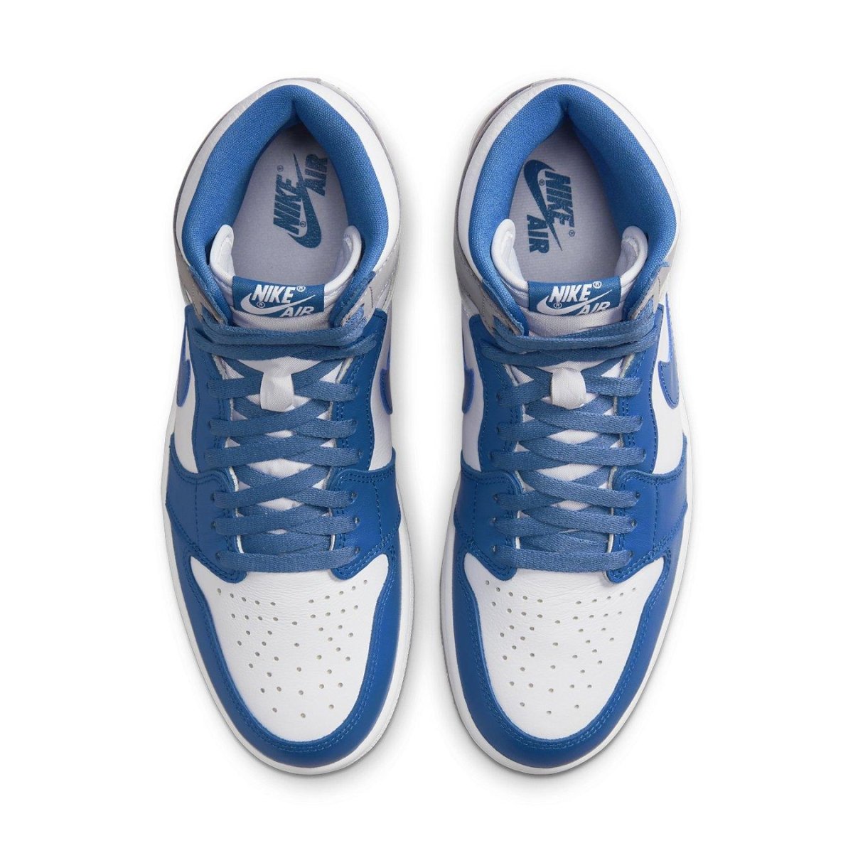 Top view of Air Jordan 1 Retro High OG True Blue sneakers featuring a white and blue leather design.