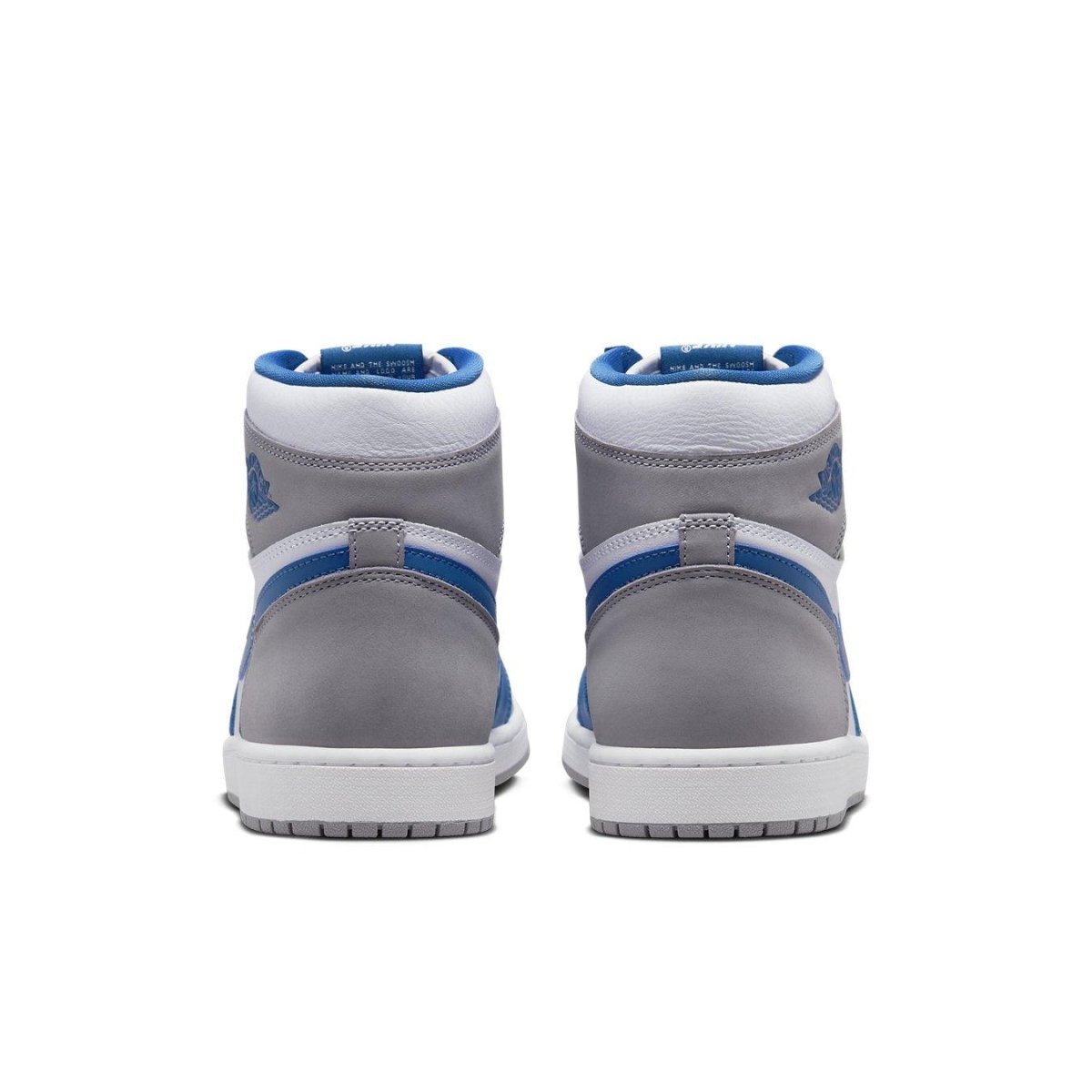 Retro high-top sneakers in grey and blue, showcasing the back view of Jordan 1 Retro High OG True Blue.