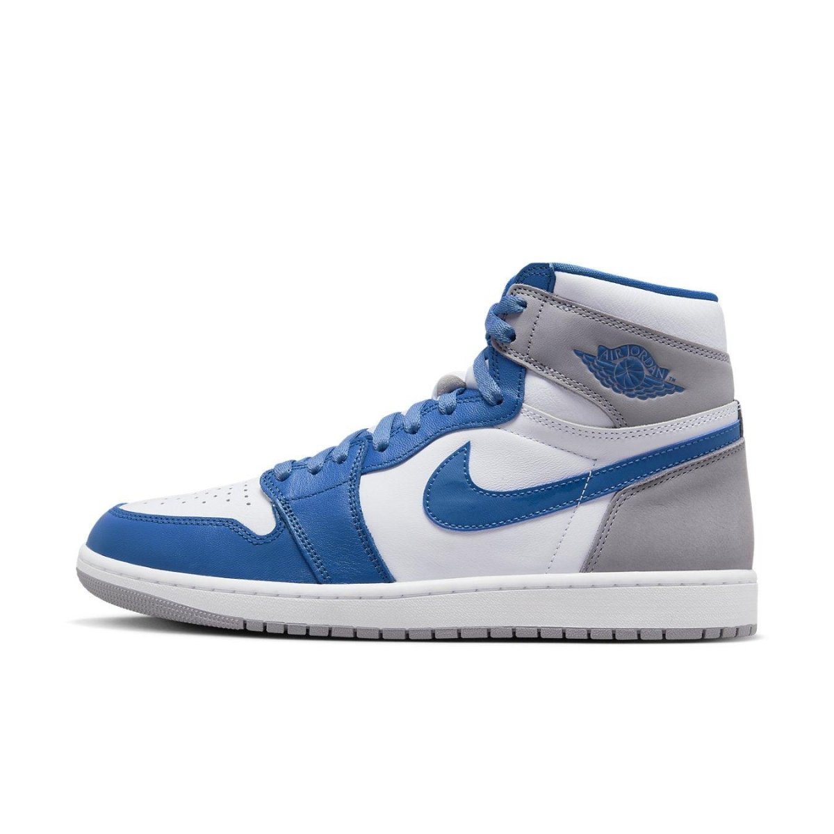 Nike Air Jordan 1 Retro High OG True Blue featuring white and blue leather upper with Cement Grey accents.