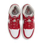 Jordan 1 Retro High OG Varsity Red women's sneakers featuring premium leather and varsity-inspired design.