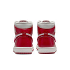Back view of Jordan 1 Retro High OG Varsity Red women's sneakers showcasing premium leather and varsity design.