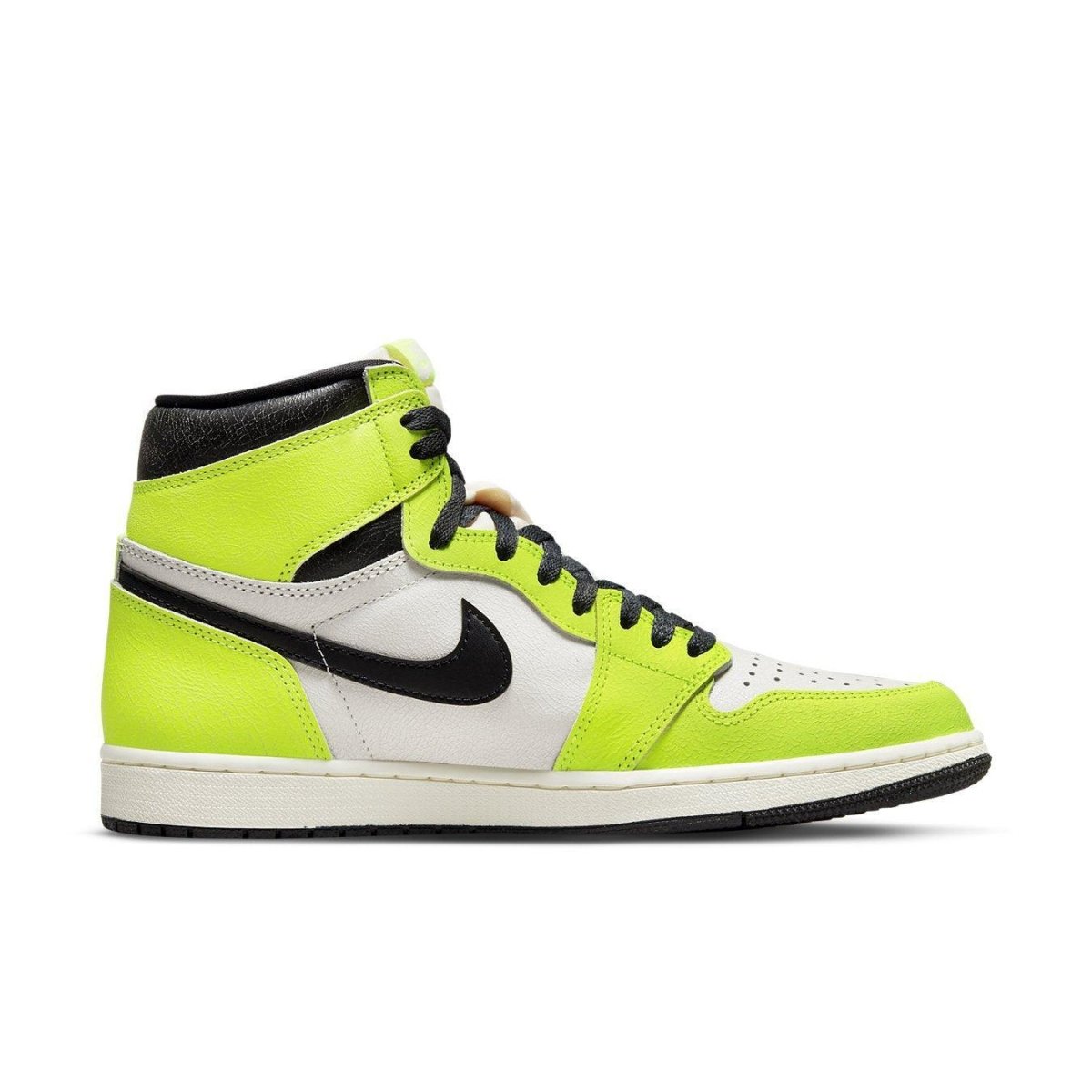 Jordan 1 Retro High OG Visionaire in white leather with neon overlays and black sections, featuring Nike branding.