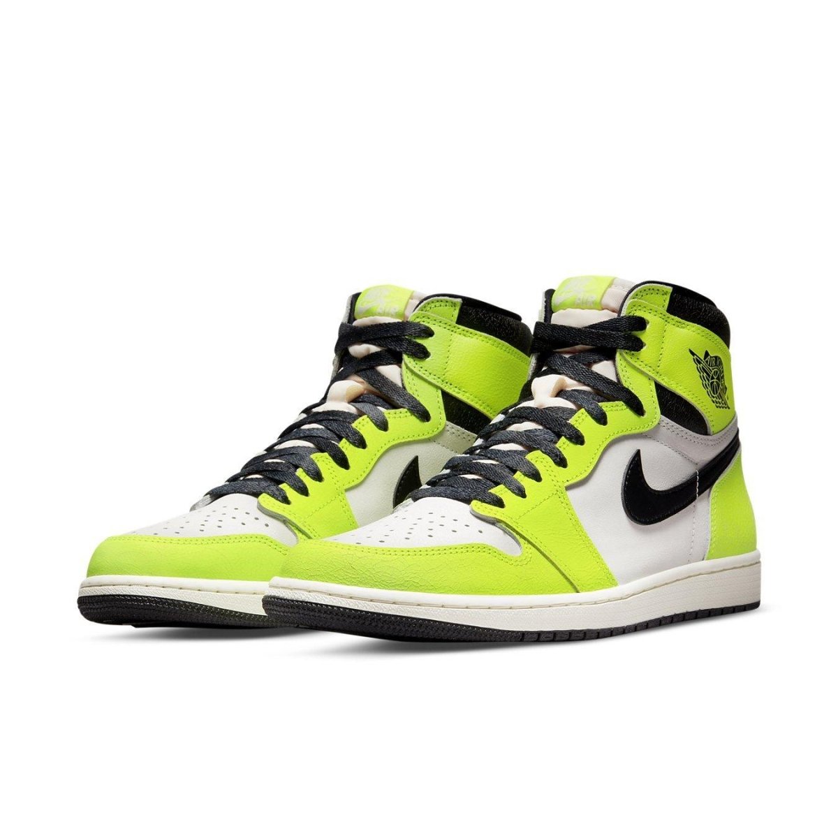Air Jordan 1 Retro High OG Visionaire in white leather with neon yellow and black accents.