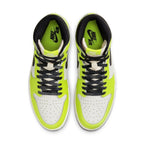 Top view of Air Jordan 1 Retro High OG Visionaire featuring black and neon yellow leather details.