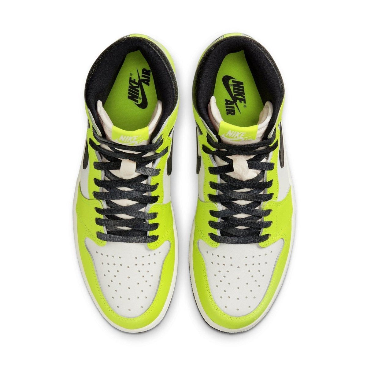 Top view of Air Jordan 1 Retro High OG Visionaire featuring black and neon yellow leather details.