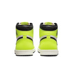 Rear view of Air Jordan 1 Retro High OG Visionaire sneakers featuring neon yellow and black details.