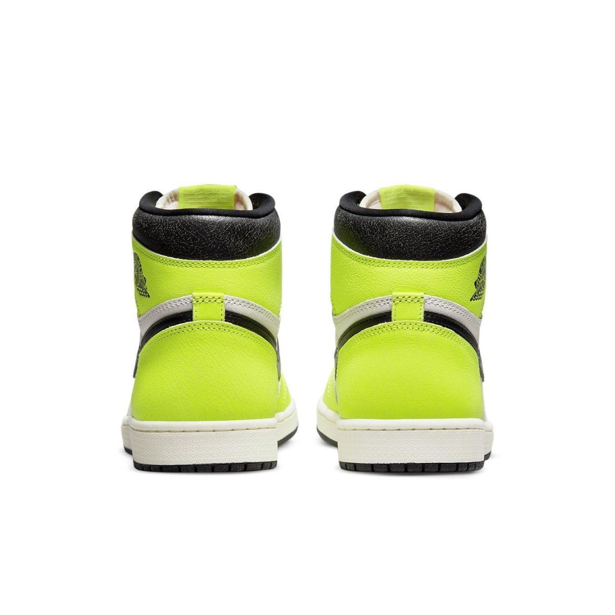 Rear view of Air Jordan 1 Retro High OG Visionaire sneakers featuring neon yellow and black details.