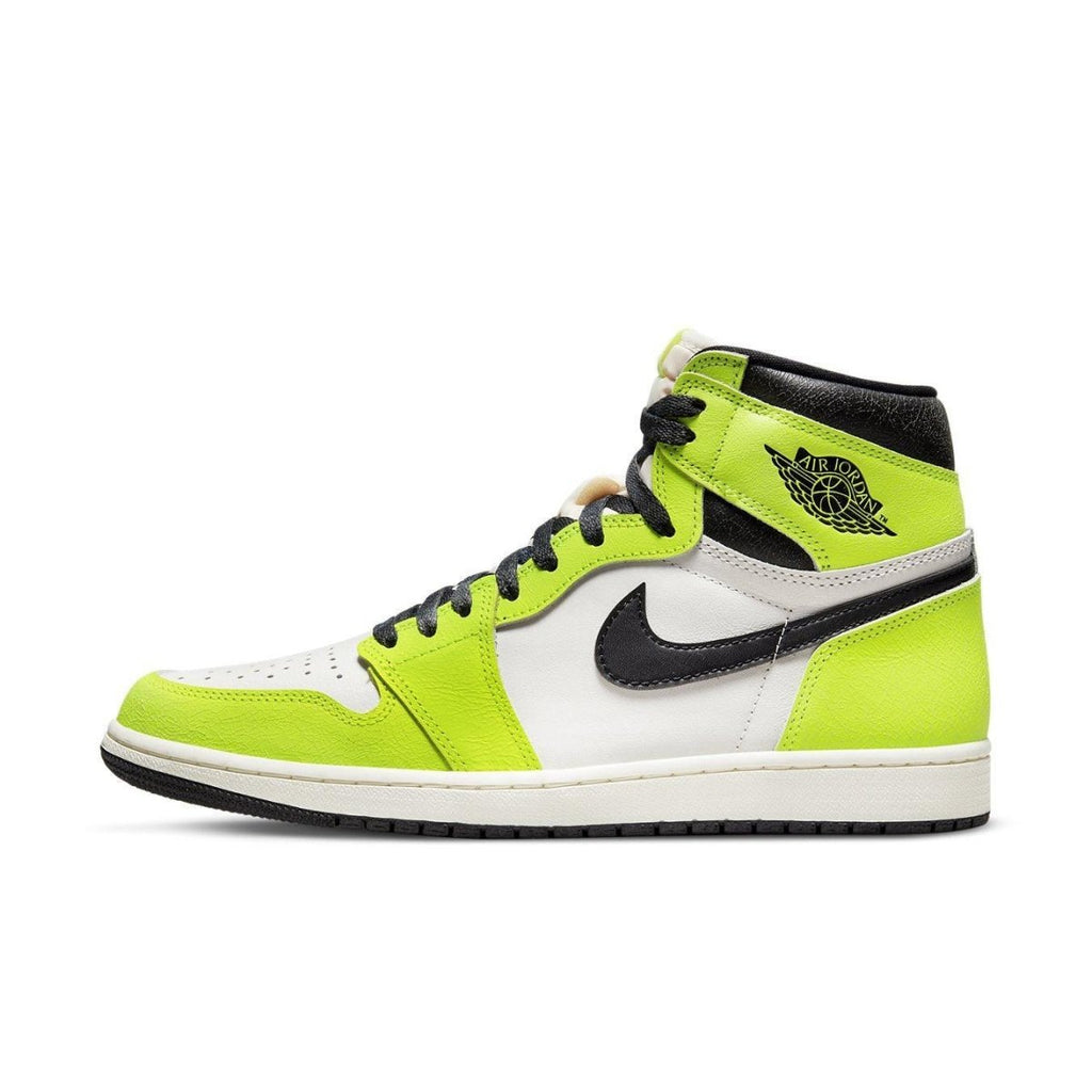 Air Jordan 1 Retro High OG Visionaire showcasing white leather and neon yellow accents with black details.