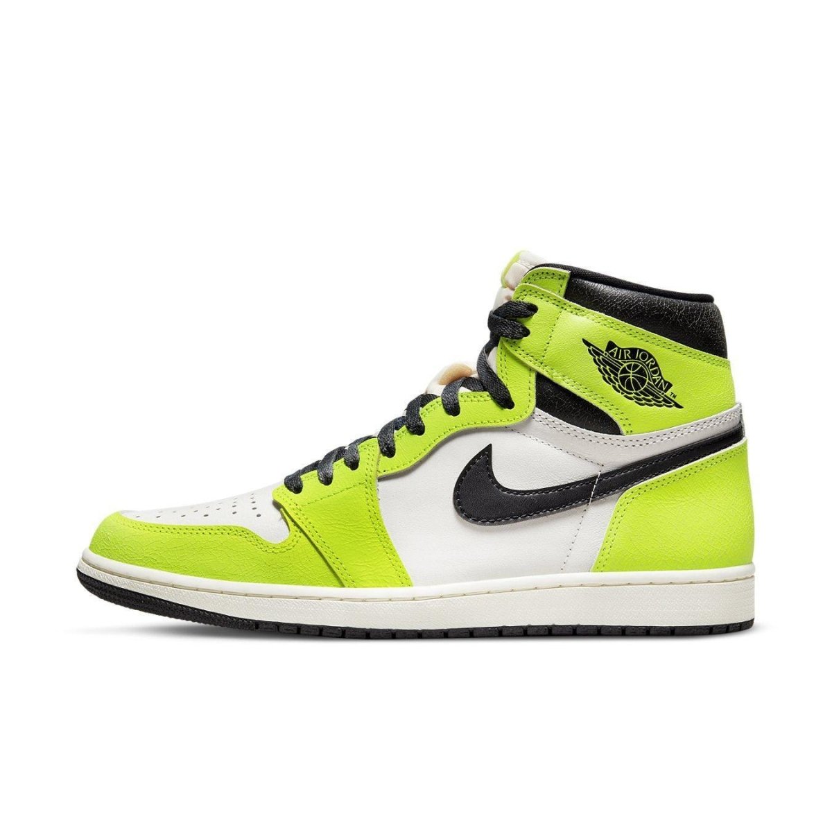 Air Jordan 1 Retro High OG Visionaire showcasing white leather and neon yellow accents with black details.
