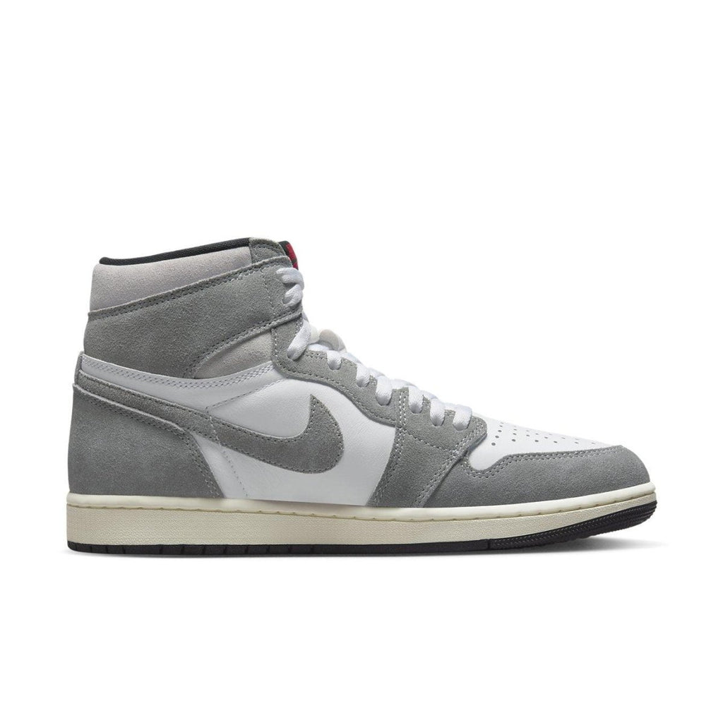 Side view of Nike Air Jordan 1 Retro High OG Washed Black with gray suede and white leather accents.